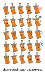 latas de graffiti de dibujos animados con diferentes emociones. gran conjunto de emojis aislados sobre un fondo blanco. ilustraciones de material vectorial