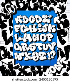 Cartoon graffiti style design elements. Font set white and black stroke alphabet letters 