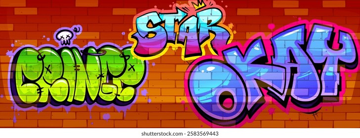 Cartoon graffiti wordart on brick wall background - neon colored letters with stains and drips. Urban street art with bubble text style. Vibrant spray paint typography in hip-hop culture aesthetic.