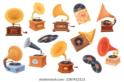 Cartoon gramophone. Old turntable with gold horn, antique phonograph retro disk player home music speakers, vintage amplifier record musical instrument, vector illustration of gramophone gold music