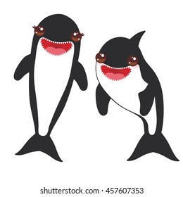 Cartoon grampus orca, killer whale, sea wolf Kawaii with pink cheeks and positive smiling on white background. Vector illustration