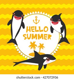 Cartoon grampus set. Hello Summer, orca, killer whale, sea wolf Kawaii with pink cheeks and positive smiling on yellow orange waves sea ocean background banner template, card design. Vector