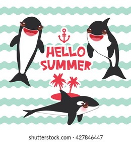 Cartoon grampus set. Hello Summer, orca, killer whale, sea wolf Kawaii with pink cheeks and positive smiling on blue waves sea ocean background. banner template, card design. Vector