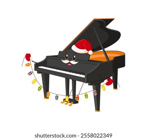 Cartoon grand piano character decorated with Santa hat and colorful holiday lights garland. festive musical instrument on playful and cheerful Christmas and winter holiday celebration or performance