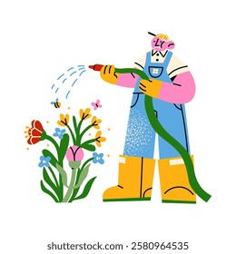 Cartoon grandfather character gardener, farmer watering flowers. Garden, farm and agriculture. Hobby gardener, flowers, plants. Vector elderly mascots	
