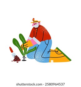 Cartoon grandfather character gardener, farmer harvested. Garden, farm and agriculture. Hobby gardener, flowers, plants. Vector elderly mascots	