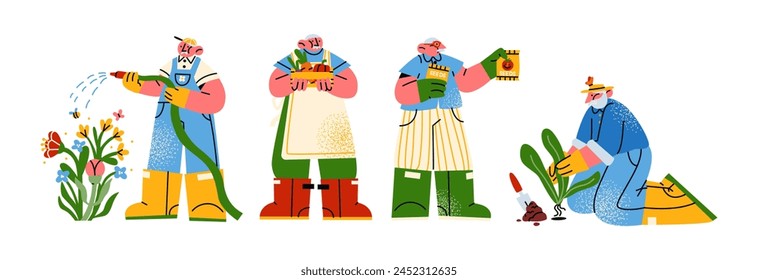 Cartoon grandfather characters people gardeners, farmers. Garden, farm and agriculture. Hobby gardener, flowers, plants. Vector elderly mascots