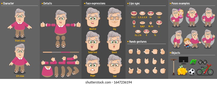 Cartoon grandfather, old man constructor for animation. Parts of body: legs, arms, face emotions, hands gestures, lips sync. Full length, front, three quater view. Set of ready to use poses, objects.