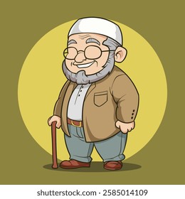 cartoon of a grandfather standing in Muslim clothes