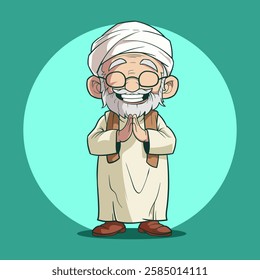 cartoon of a grandfather standing in Muslim clothes