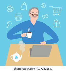 Cartoon grandfather using computer and shopping on-line. Illustration about old people and technologies.