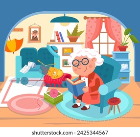 Сute cartoon grandma with book. Vector color illustration. Scene for design. Old woman at home.