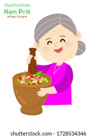 Cartoon Grandma Cooking Thai Chili  Paste Sauce with Mortar Vector