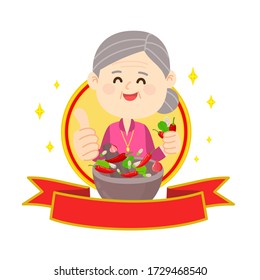 Cartoon Grandma Cooking Thai Food With Mortar Vector