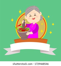 Cartoon Grandma cooking Thai food with Mortar Vector