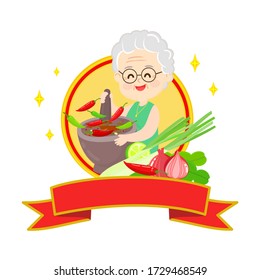 Cartoon Grandma Cooking Thai Food With Mortar Vector