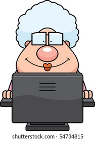 A cartoon grandma in front of a computer.