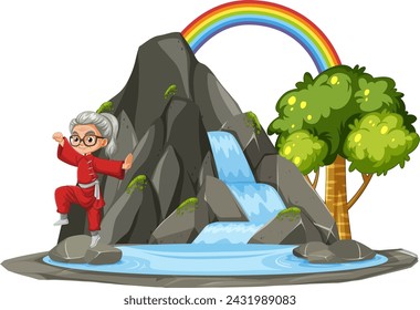 Cartoon grandma hiking near a mountain waterfall