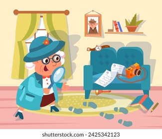 Сute cartoon grandma with magnifying glass. Vector color illustration. Scene for design. Detective and investigation.