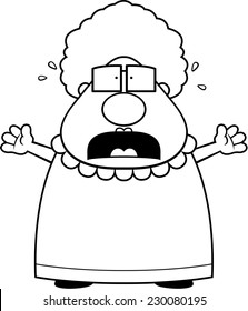A cartoon grandma with a scared expression.