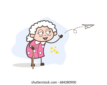 Cartoon Grandma Sending Message Through Paper Plane Vector Illustration