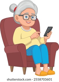 Cartoon grandma sits on the sofa and plays with her phone