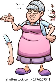 Abuela de caricatura con diferentes poses y expresiones. Ilustración de imagen de clip vectorial. Algunos elementos en capas separadas.
