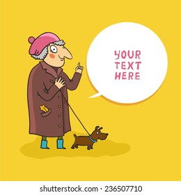 Cartoon grandmother giving advice. Granny with pointing finger and bubble for text. Old woman walking with dog. Vector colorful cartoon illustration 