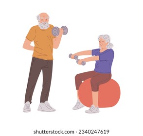 Cartoon grandmother and grandfather go in for sports with dumbbells and a big gymnastic ball. Happily actively spend time together. Grandparents day lovely vector doodle illustration isolated on white