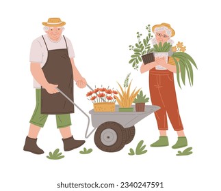 Cartoon grandmother and grandfather happily spend time together in the garden. Cart with pots of flowers and plants. Grandparents day vector lovely doodle illustration isolated on white