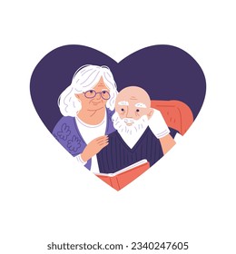 Cartoon grandmother and grandfather hugging and read book, happily spend time together. Vector illustration for design lovely postcard, poster in the shape of heart isolated in blue and red colors