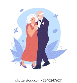 Cartoon grandmother and grandfather lovely dance holding hands. Happily live, spend time together. Grandparents day celebration vector doodle illustration on blue background with floral and hearts