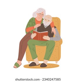 Cartoon grandmother and grandfather lovely hugging and read a book in cozy chair, happily spend time together. Grandparents day vector doodle illustration for lovely design isolated on white