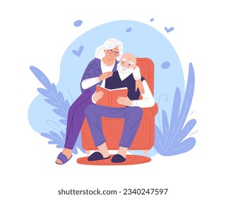 Cartoon grandmother and grandfather lovely hugging and read a book in cozy chair, happily spend time together. Grandparents day vector doodle lovely illustration blue background with floral and hearts