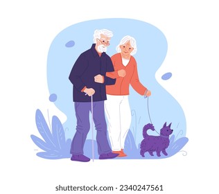 La abuela caricaturista y el abuelo adorables caminan juntos junto al perro, felizmente pasan tiempo juntos. Vector vectorial de los abuelos adorable ilustración del fondo azul con flor y corazones