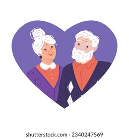Cartoon grandmother and grandfather portrait. Grandparents day vector doodle illustration for design lovely postcard, poster in the shape of heart. Isolated on white background in blue and red colors