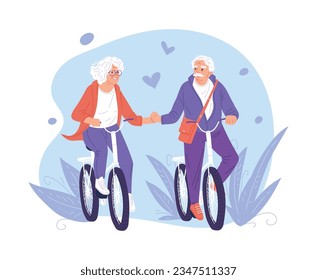 Cartoon grandmother and grandfather riding bike and holding hands. Happily actively spend time together. Grandparents day vector illustration for design lovely card, poster on blue floral background