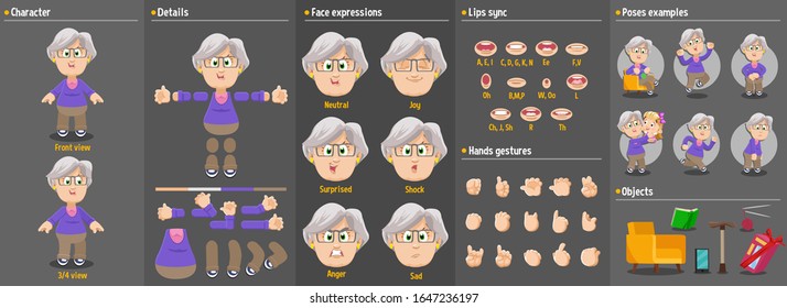 Cartoon grandmother, old lady constructor for animation. Parts of body: legs, arms, face emotions, hands gestures, lips sync. Full length, front, three quater view. Set of ready to use poses, objects.