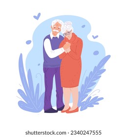 Cartoon grandmother warm holding hands and hugging. Grandparents day vector doodle illustration for design lovely postcard, poster on blue floral background.