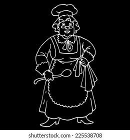 Cartoon grandmother`s portrait. Black and white version. Hand-drawn vector illustration for background of children's story. Image of standing grandma with big spoon. Fairy tale character funny granny.