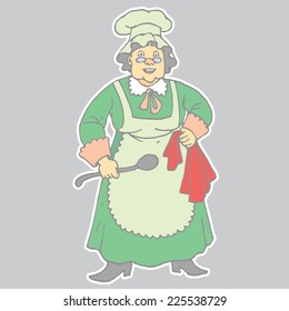 Cartoon grandmother`s portrait. Color version. Hand-drawn vector illustration for background of children's story. Image of standing grandma with big spoon. Fairy tale character funny granny.