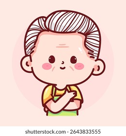 Cartoon grandpa character crossing arms with a confident and warm smile.