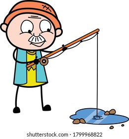 Cartoon Grandpa Fishing Vector Character Design Illustration