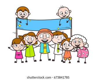 Cartoon Grandpa and Grandma with Grand Children and Banner Vector Illustration svg