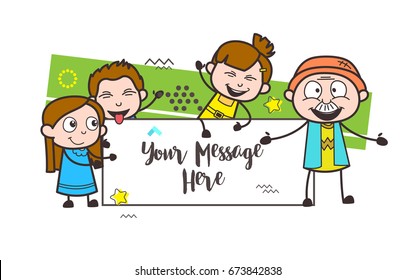 Cartoon Grandpa with Joyful Kids and Message Banner Vector Illustration svg