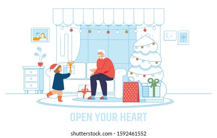 Cartoon Grandpa and Kid in Cozy Living Room at Home. Open Your Heart Inspiration Flat Poster. Christmas and New Year Celebration. Winter Holidays. Family and Relationships. Vector Illustration