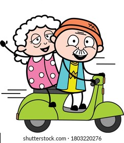 Cartoon Grandpa Riding Scooter with an old lady