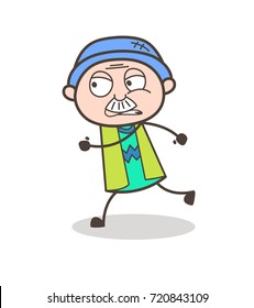 Cartoon Grandpa Running in Aggression Vector Illustration