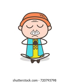 Cartoon Grandpa Sitting and Doing Meditation Vector Illustration