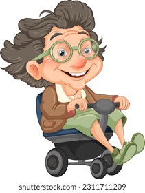 Cartoon grandparent riding wheelchair illustration